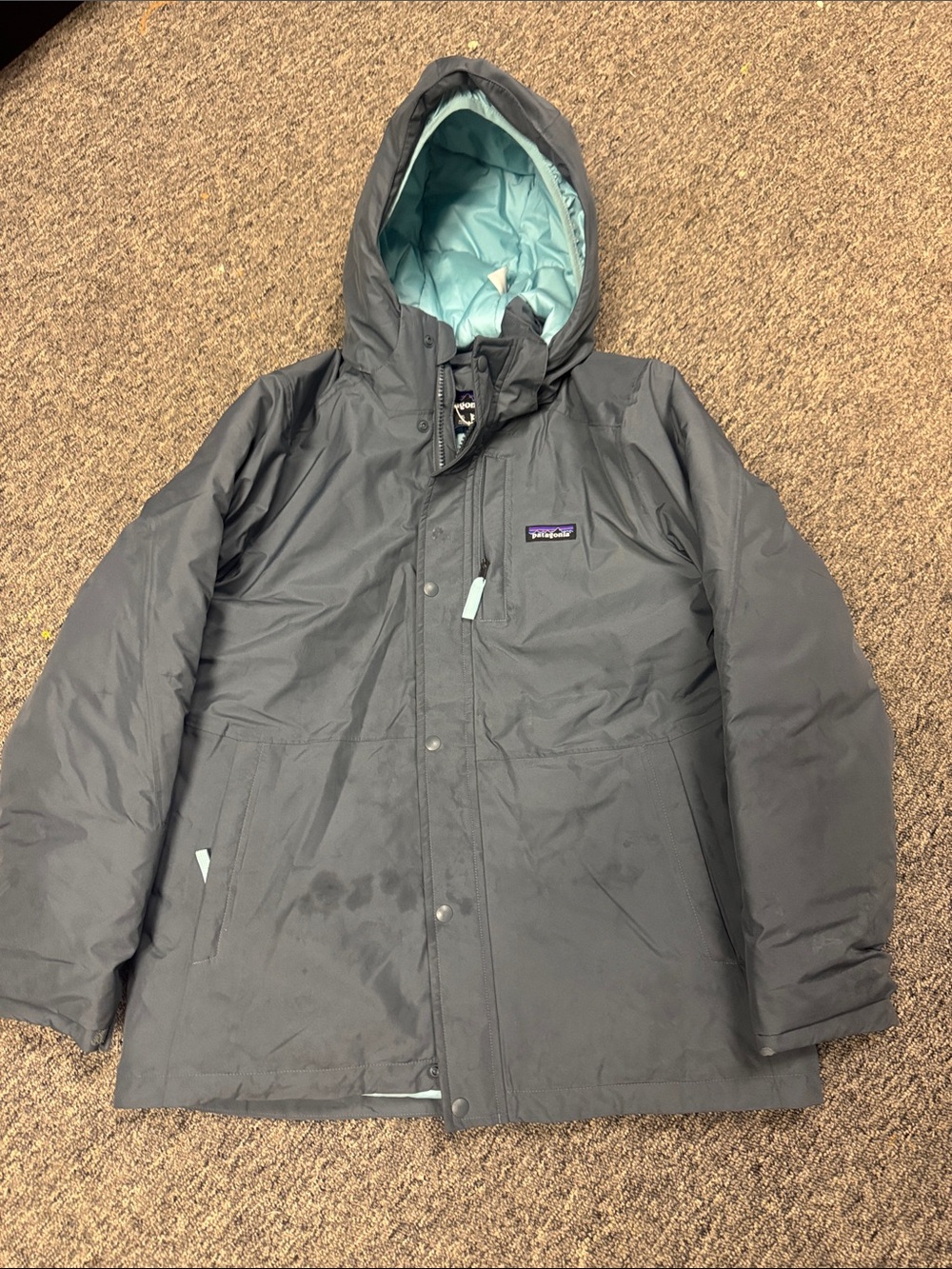 Patagonia Kids Hooded Puffer Jacket in Dark Gray with Light Aqua Lining
